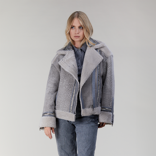 Giacca in montone biker grigio 60cm