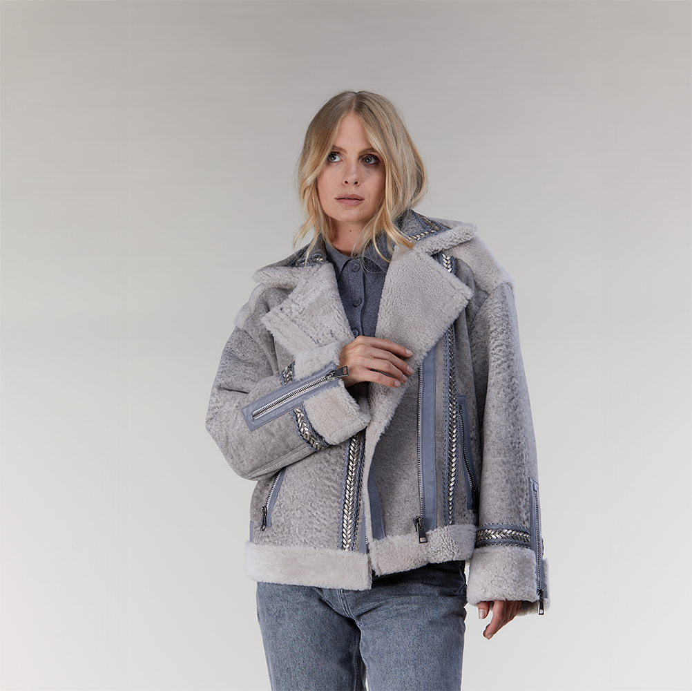 Giacca in montone biker grigio 60cm