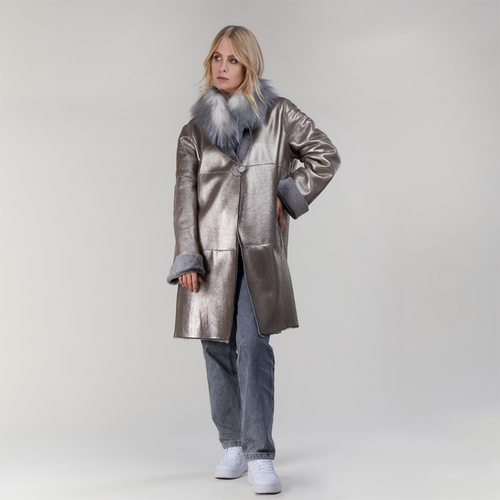 Cappotto in montone argento con collo in volpe 90cm