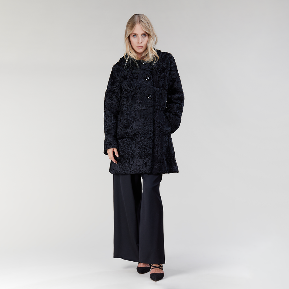 Cappotto in persiano con bottoni gioiello, nero, 90 cm
