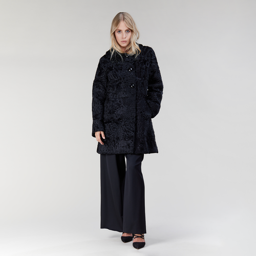 Manteau en astrakan avec boutons bijou, noir, 90 cm