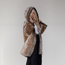 Short sheepskin coat with reversible beige hood, 85cm.