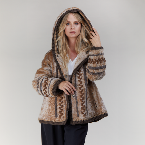 Giacca in montone reversibile con cappuccio beige 65cm