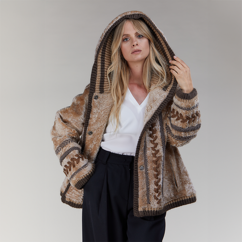 Giacca in montone reversibile con cappuccio beige 65cm