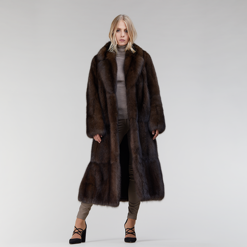 Cappotto di zibellino lungo a pelle intera collo inglese dark 125cm