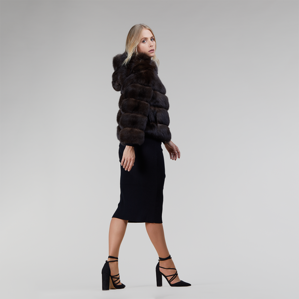 Bomber di zibellino con cappuccio e zip dark brown 50cm