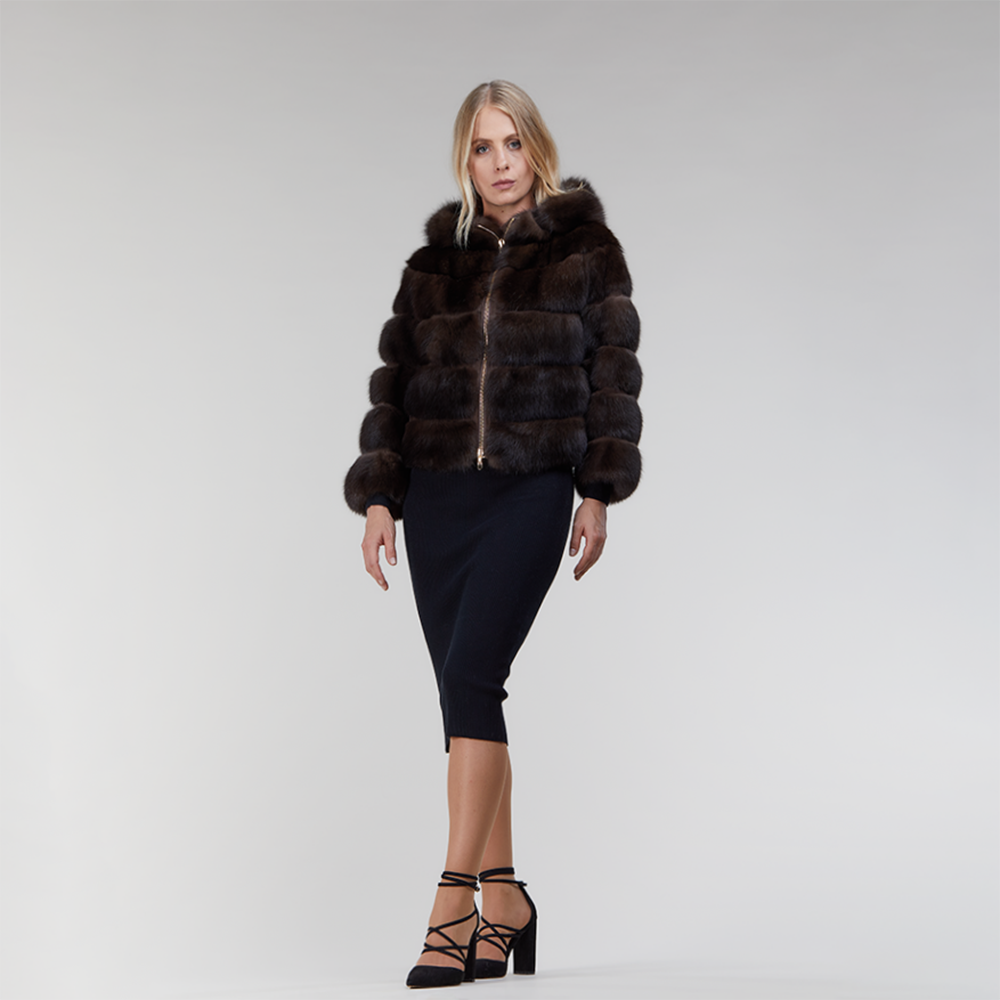 Bomber di zibellino con cappuccio e zip dark brown 50cm