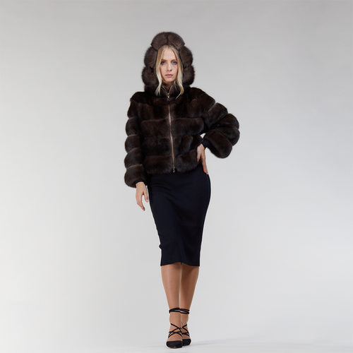 Bomber di zibellino con cappuccio e zip dark brown 50cm