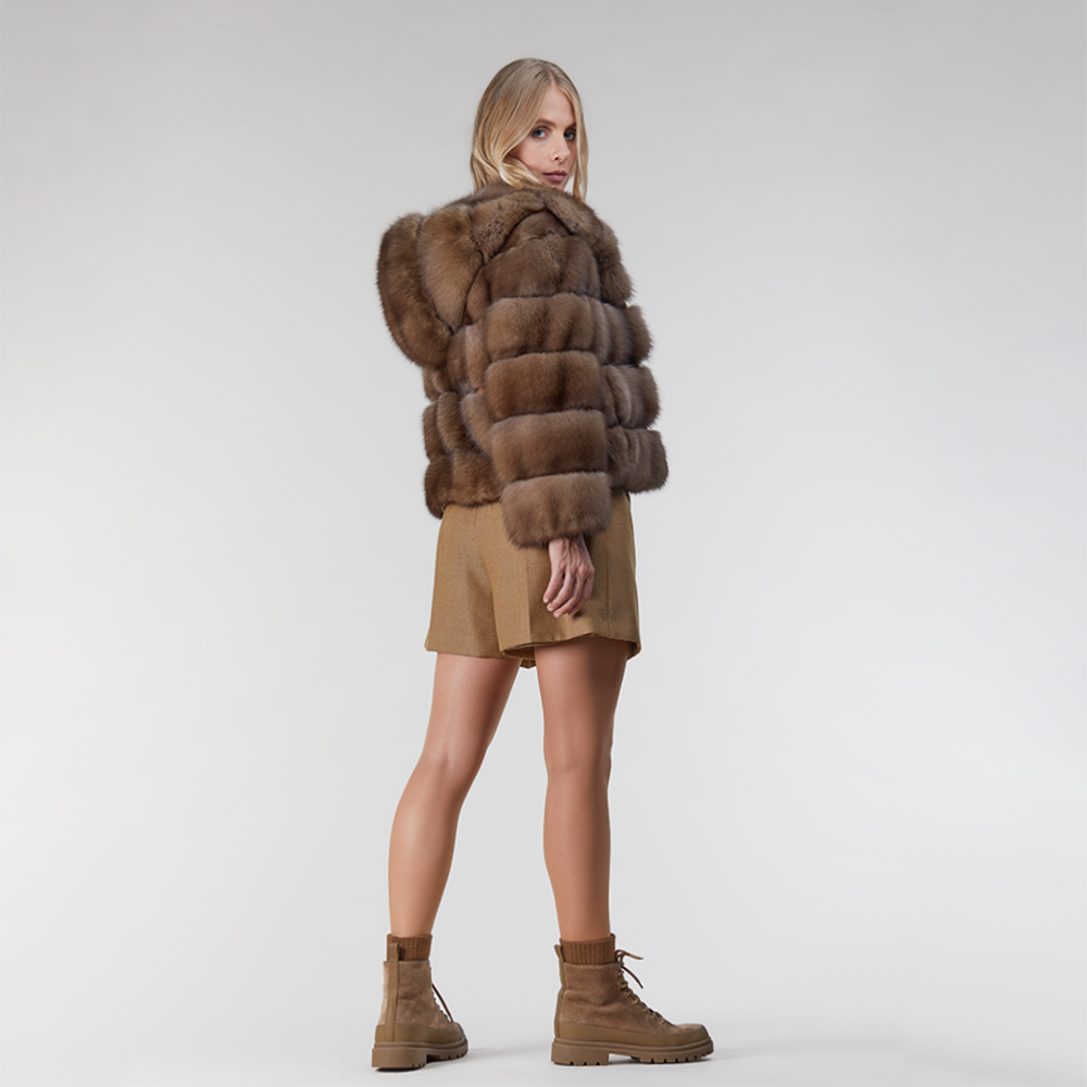 Bomber en zibeline avec capuche taupe 50cm