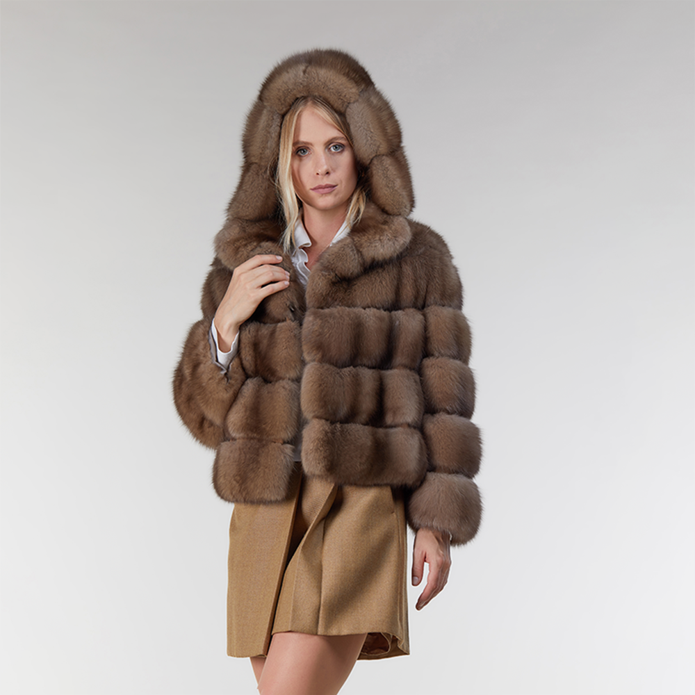 Bomber en zibeline avec capuche taupe 50cm