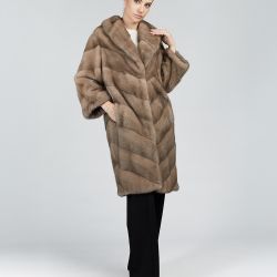 Cappotto in visone diagonale con collo inglese grigio 100cm