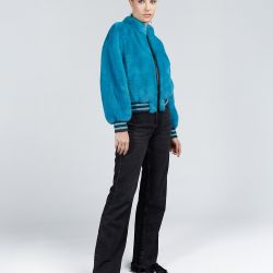 Bomber en vison avec fermeture éclair turquoise de 55cm