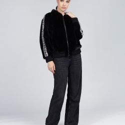 Bomber in visone con chiusura a zip e dettagli in lana nero 55cm