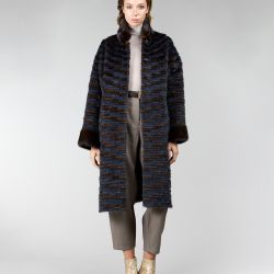 Cappotto in visone reversibile, collo alto, demi buff, 105 cm