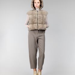 Gilet reversibile in visone, con cappuccio, silver blue, 50 cm