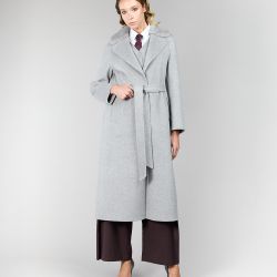 Cappotto in lana e cashmere, con collo inglese in visone e gilet coordinato, grigio, 120 cm