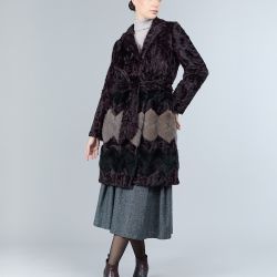 Cappotto in lambskin e visone, motivo geometrico, bordeaux, 100 cm