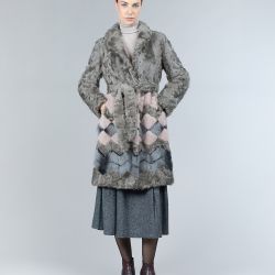 Cappotto in lambskin e visone, motivo geometrico, tortora, 100 cm