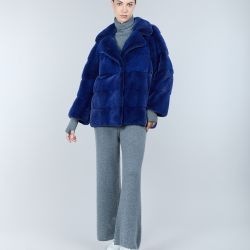 Giacca reversibile in visone, collo inglese, blu, 70 cm