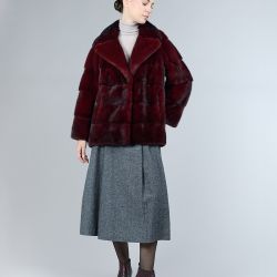 Giacca in visone, collo inglese, rosso, 70 cm