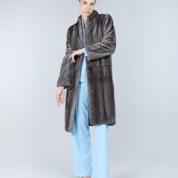 Cappotto in visone, collo sciallato, blue iris, 105 cm