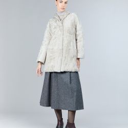 Cappotto reversibile in lamb skin con intarsi in visone, rosa chiaro, 90 cm