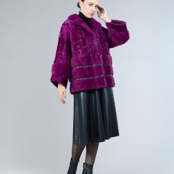 Giacca in lamb skin con collo e bordo in visone, purple, 70 cm