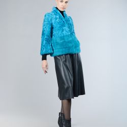 Giacca in lamb skin con inserti in visone, turchese, 60 cm