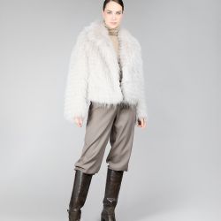 Giacca reversibile con pelliccia di procione, colore cipria, 55 cm