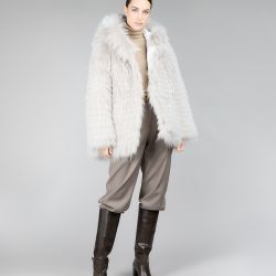 Giacca reversibile con cappuccio in pelliccia di procione, colore cipria, 80 cm