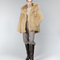 Giacca reversibile con cappuccio in pelliccia di procione, colore pastello, 80 cm