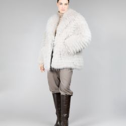 Giacca reversibile con pelliccia di procione, colore cipria, 72 cm