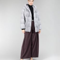 Giacca in visone con cappuccio, zaffiro, 70 cm