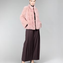 Giacca di visone, collo alto, rosa, 60 cm