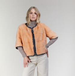 Mink jacket with studs and short sleeves, peach color, 50 cm