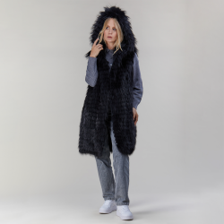 Gilet in volpe filettata con cappuccio nero 90 cm
