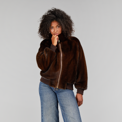Mink bomber jacket with wool elastic cuffs, mahogany color, 65 cm