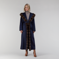 Cappotto in cashmere con cappuccio e bordo in zibellino blu 130 cm