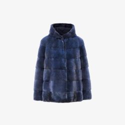 Giacca in visone oversized con cappuccio reversibile blu 65 cm