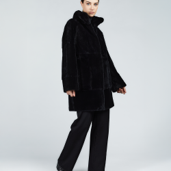 Cappotto in rex reversibile con collo alto nero 85 cm