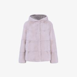 Veste en vison courte avec capuche rose de 60 cm.