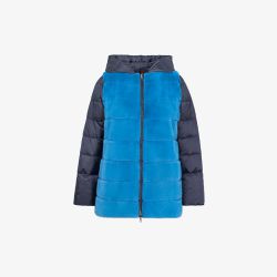 Reversible mink down jacket with hood, blue color, 75 cm