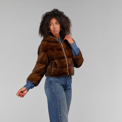 Bomber in visone con zip e cappuccio demi buff 50 cm