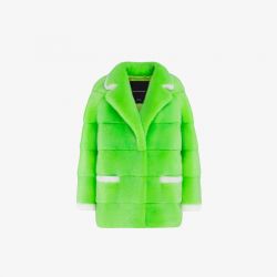 Cappotto in visone con collo inglese e profili bicolor verde fluo 70cm