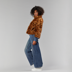 Short basic mink jacket with leopard print, beige color, 55 cm
