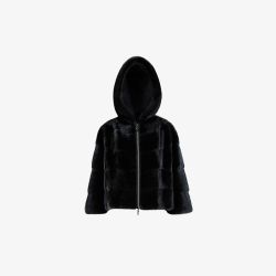 Bomber in visone con cappuccio e zip nero 55 cm