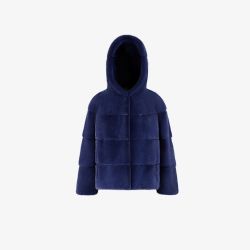 Veste courte en vison avec capuche bleue, copie de 60 cm.