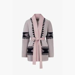 Cardigan in tribal print rex with pink waist belt, 75 cm.