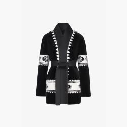 Cardigan in black rex with tribal print and belt, 75 cm long.
