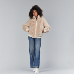 Mink bomber jacket with wool cuffs and elastic waistband, pink color, 65 cm